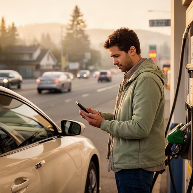Driver checking fuel prices beside a Bellevue road at morning commute time