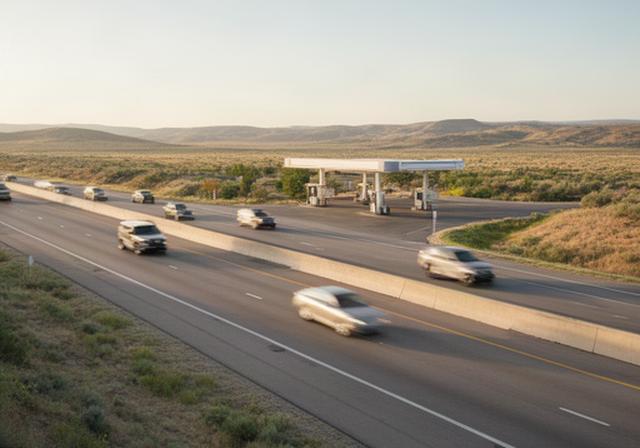 Cars travelling beside a western interstate with a fuel station visible near the next highway exit