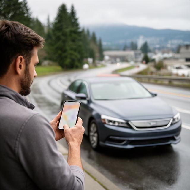 Rideshare driver checking a fuel route beside a parked car on the Bellevue to Seattle corridor