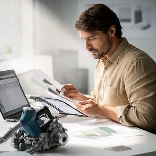 Cundo Puza examining vehicle and fuel information in a modern office