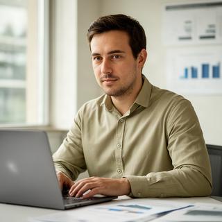 Rakhat Koncz reviewing fuel data at a Bellevue workspace